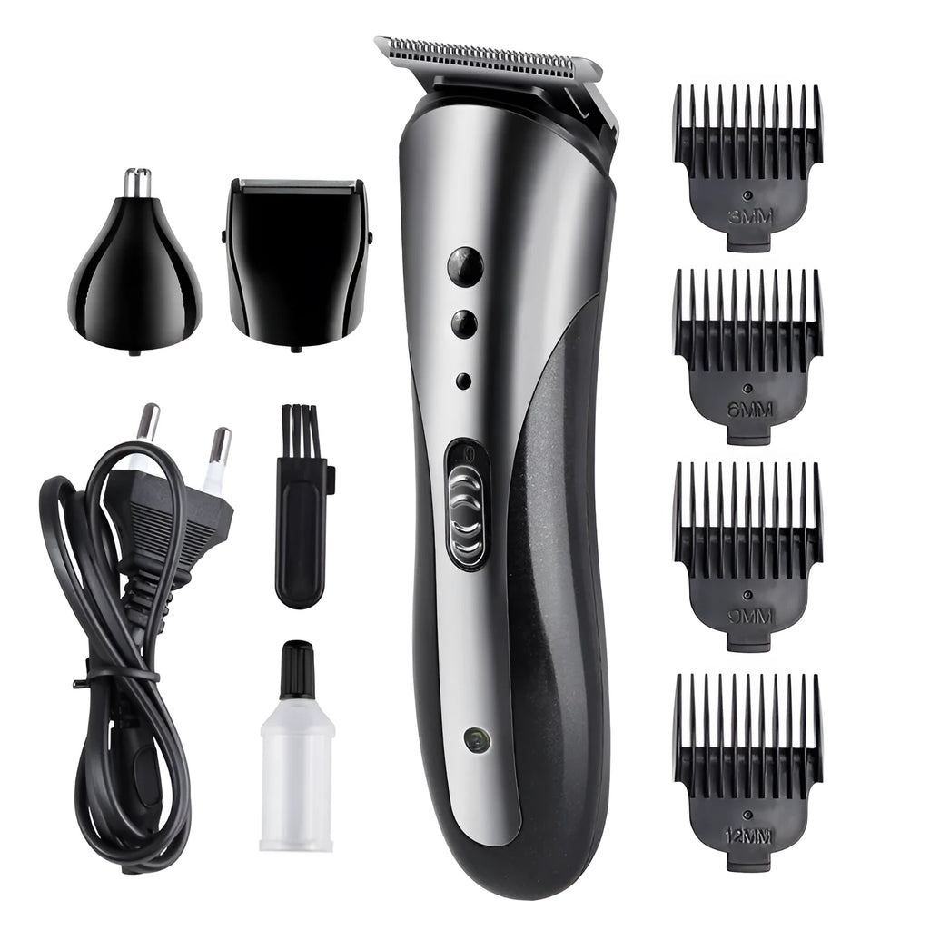 Black electric hair clipper with stainless steel blade, wet and dry use, washable design, 8-hour charge.