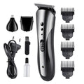 Black electric hair clipper with stainless steel blade, wet and dry use, washable design, 8-hour charge.
