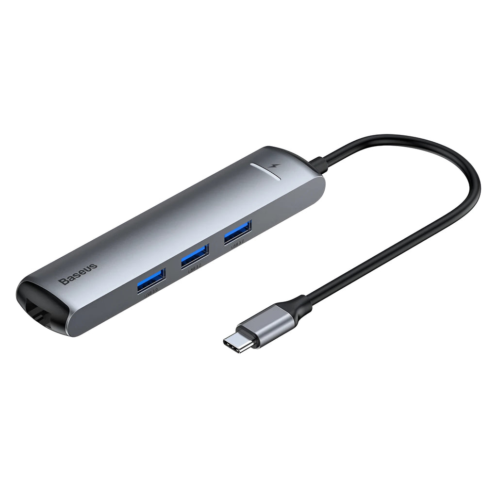 Dark grey Type-C docking station with mechanical eye design compatible with Apple MacBook and iPhone
