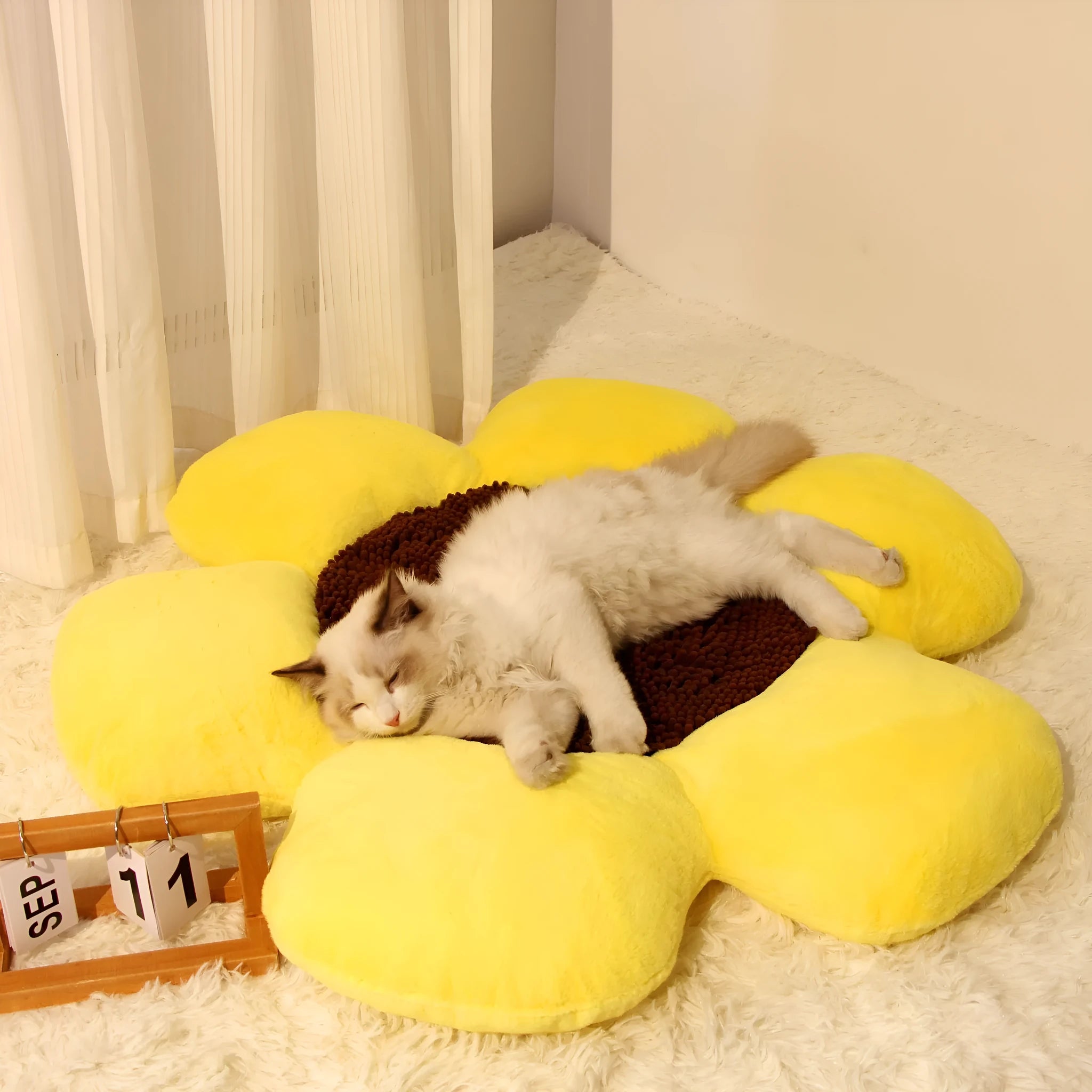 Large round plush cat bed with raised sides in blue or yellow colour