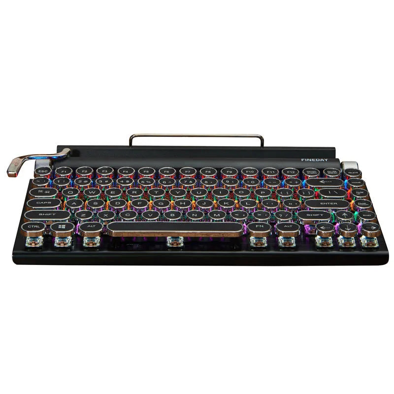 Black dot retro typewriter style Bluetooth mechanical keyboard on a desk.