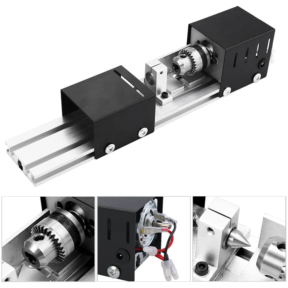 Mini manual woodworking lathe with silver metal finish and carving accessories