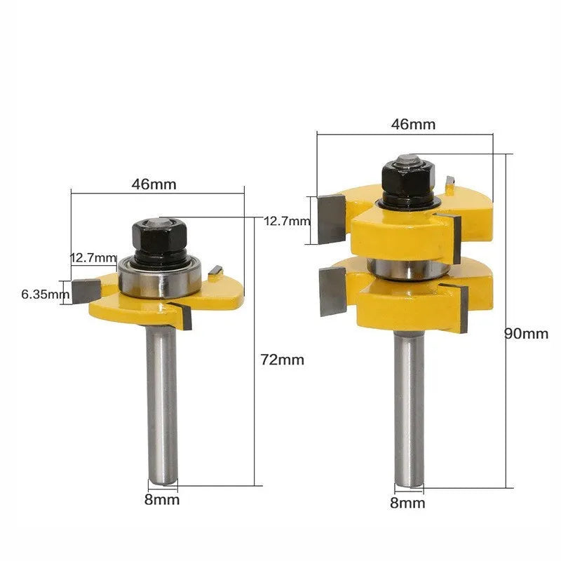 T-shaped tenon jointing knife woodworking router bit with three-tooth carbide tip and 8mm shank