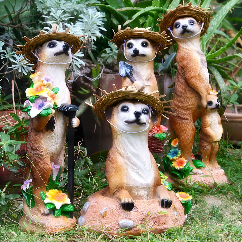 Synthetic resin straw hat mongoose garden ornament for bonsai and craft decoration.