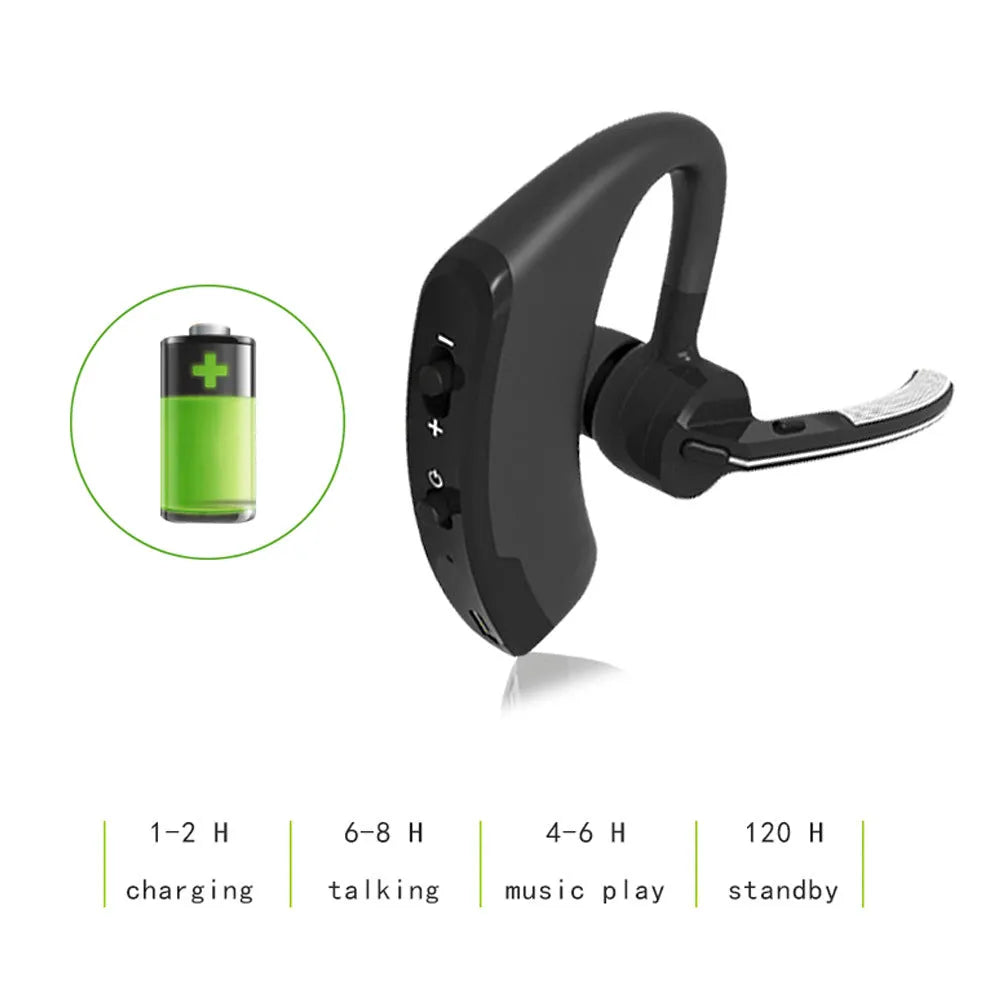 V9 Bluetooth wireless in-ear headset with microphone and soft cable for hands-free calls.