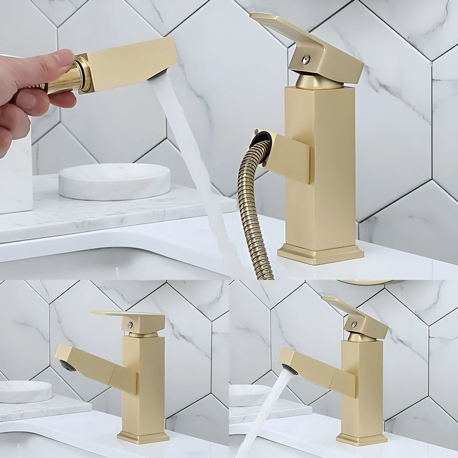 Brass square lever pull faucet with brushed gold electroplated finish