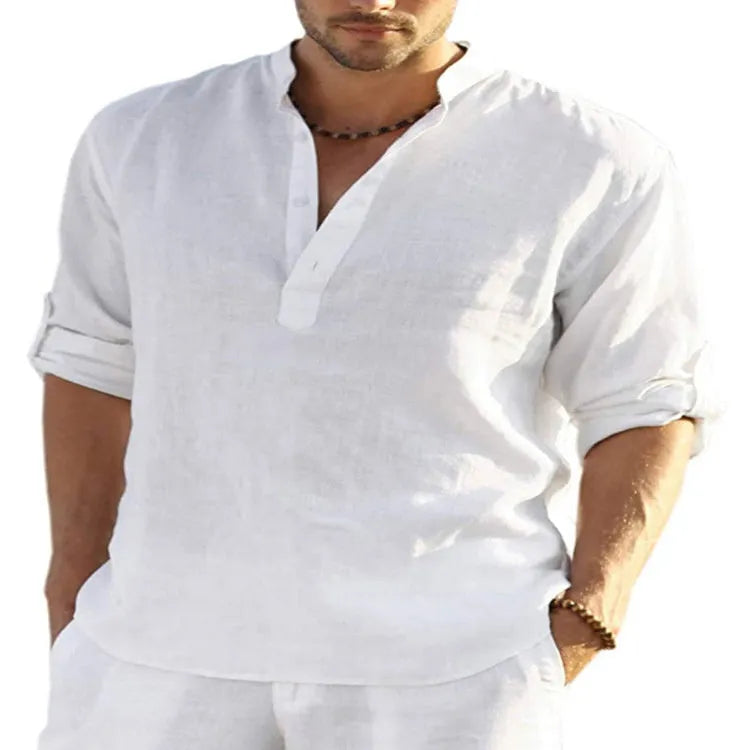 Men's solid colour long sleeve shirt with a stand collar, made from cotton and linen blend fabric