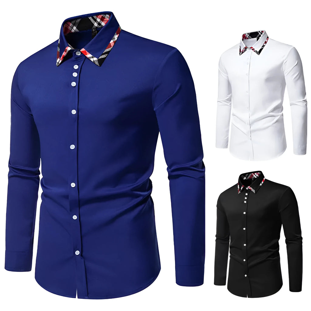 Men's plaid pattern long sleeve shirt with contrasting colour triangle collar in polyester blend fabric