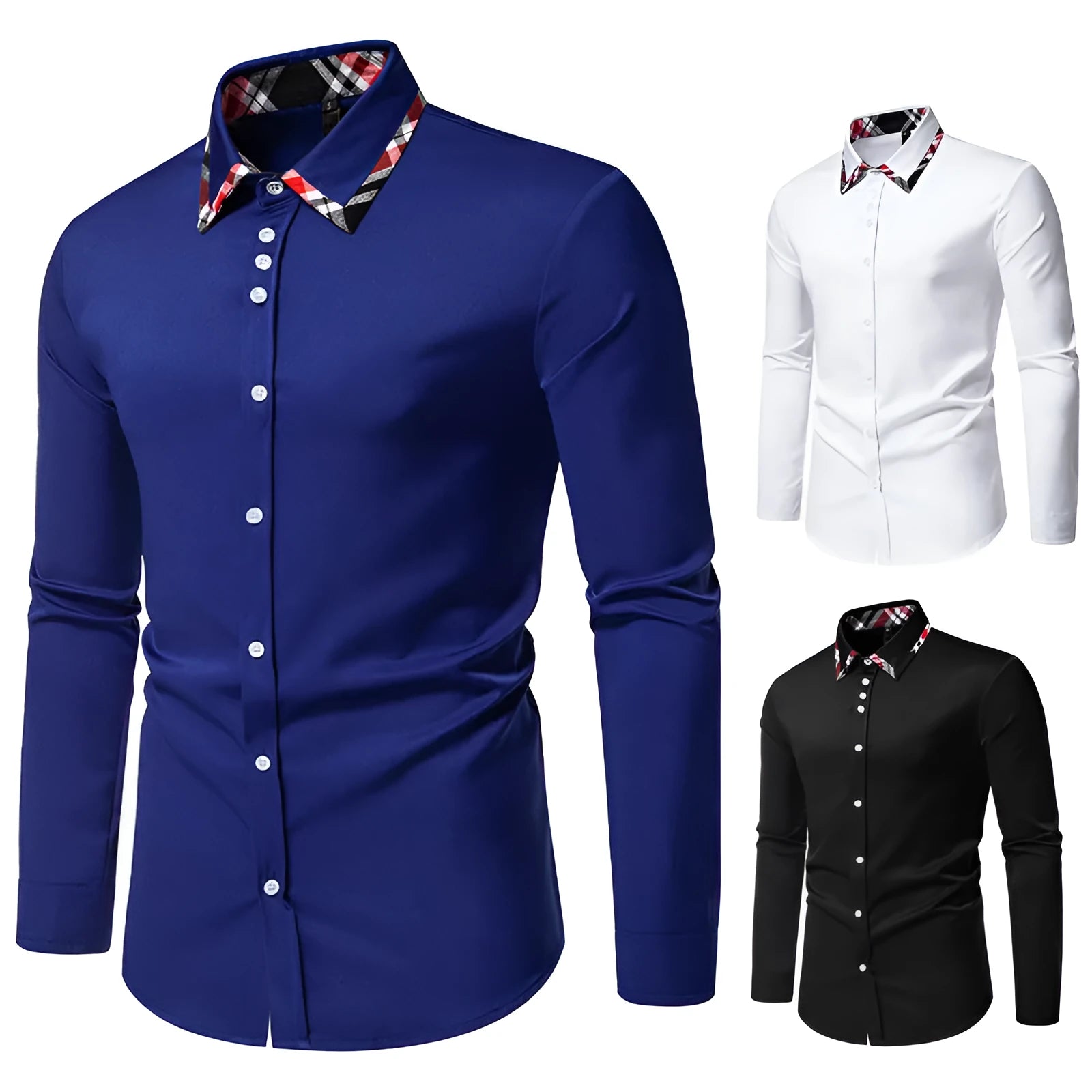 Men's plaid pattern long sleeve shirt with contrasting colour triangle collar in polyester blend fabric