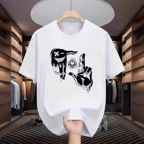 Men's grey cartoon print short sleeve t-shirt made from breathable mesh fabric