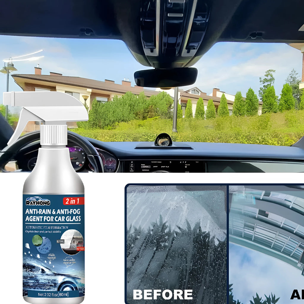 60ml car glass rain repellent spray in PET bottle measuring 14 x 8.7 x 3.5cm