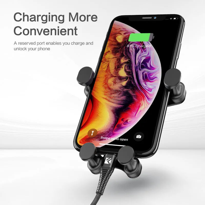 Black car phone holder with gravity bracket and 360 rotation on car dashboard
