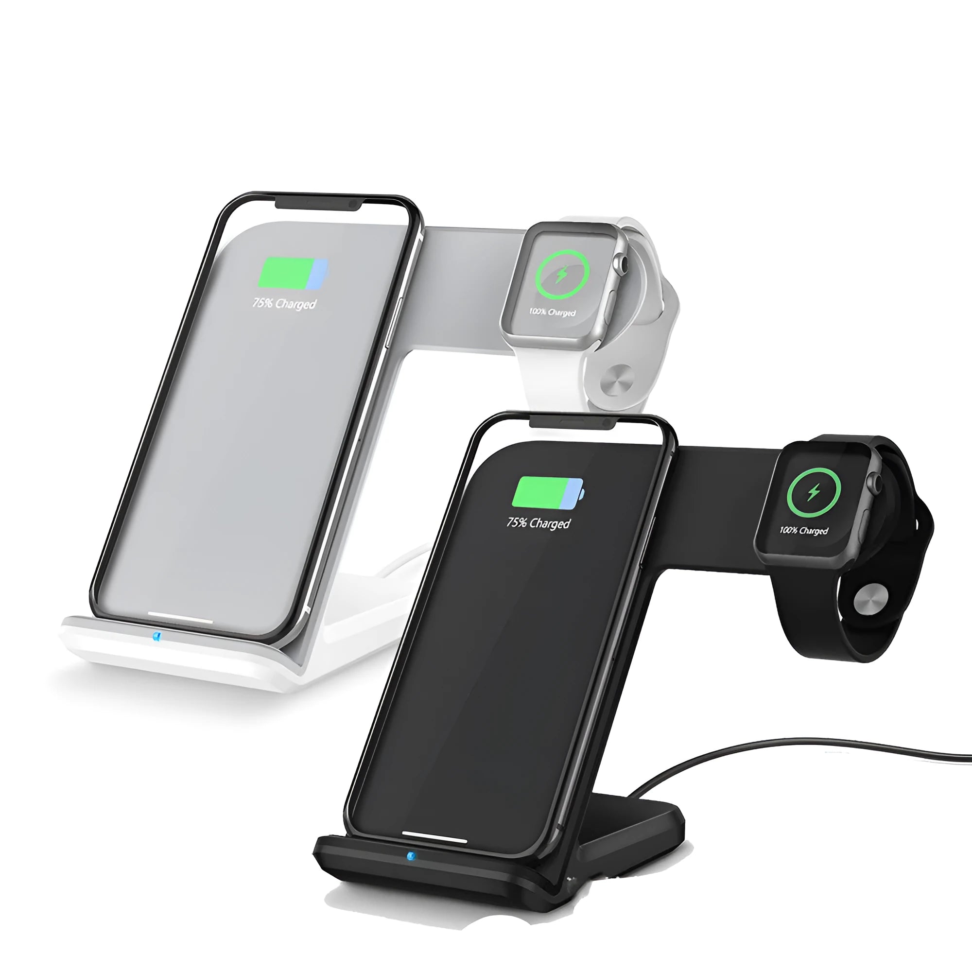 Black and white wireless fast charging pad for mobile phones on a desk