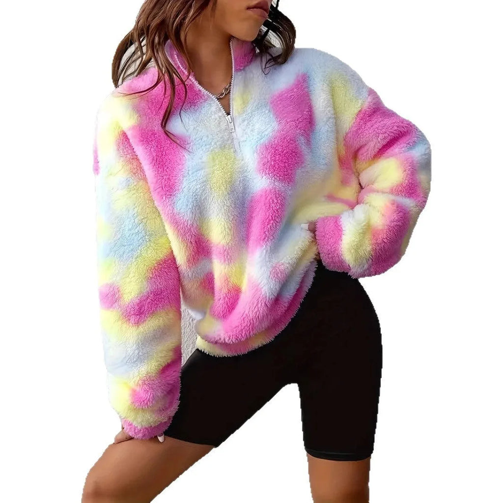 Women's rose red tie-dye half-open zipper plush pullover top with thick polyester fabric