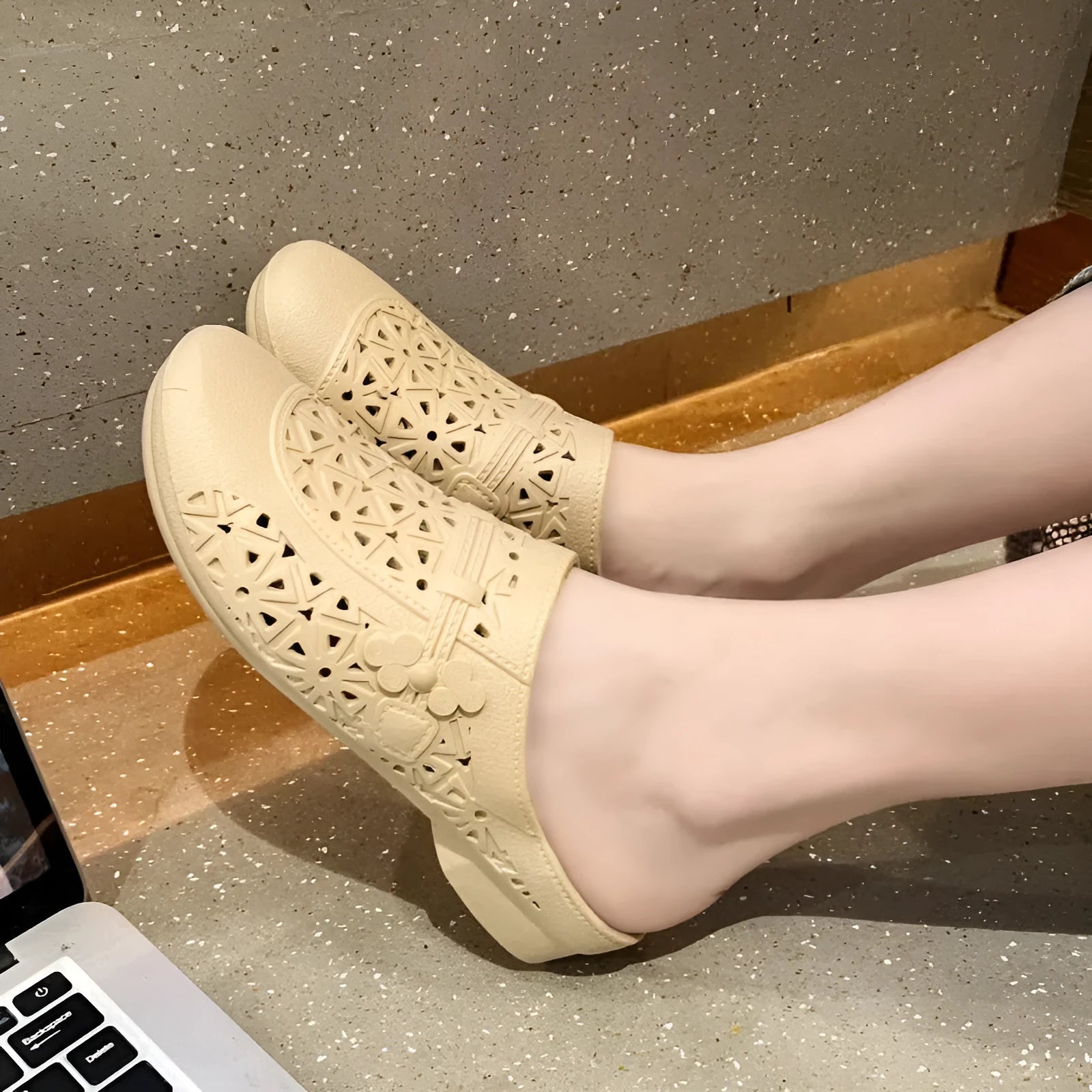 Women's apricot fairy style PVC half slippers with hollow-out design and flat toe box.