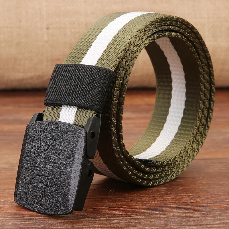 Men's hypoallergenic woven canvas belt with plastic square buckle in green, khaki, and camouflage colours