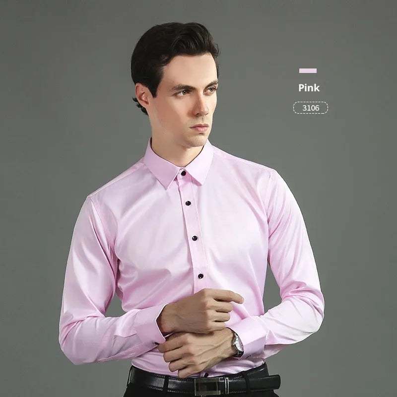 Casual four-way stretch long sleeve shirt in solid colour, slim fit cardigan style with 60 count synthetic fibre fabric