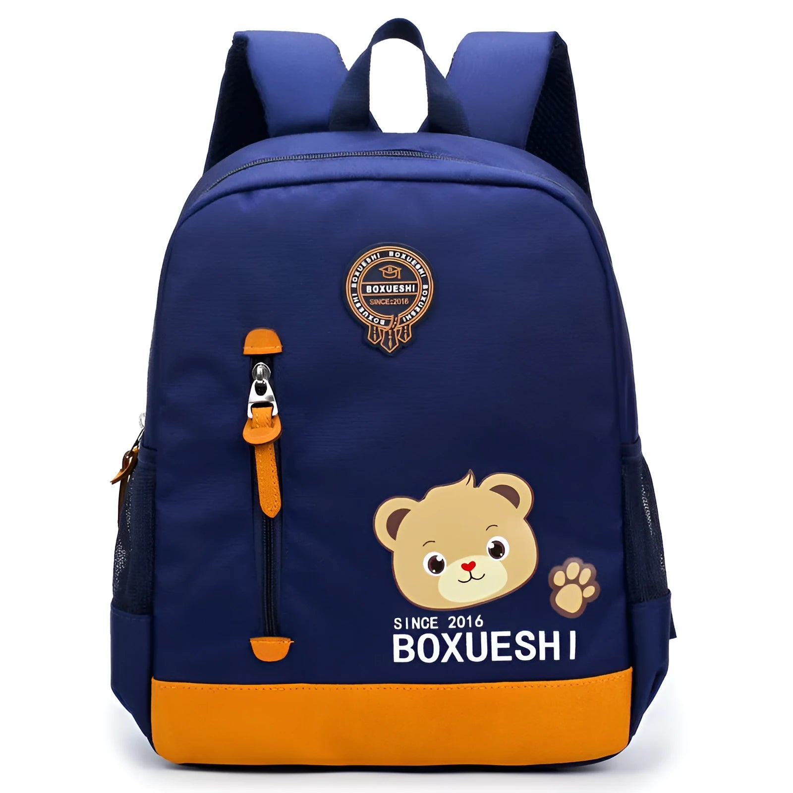A deep blue children's school bag with a cartoon bear design on the front, showing the front pocket and adjustable straps.
