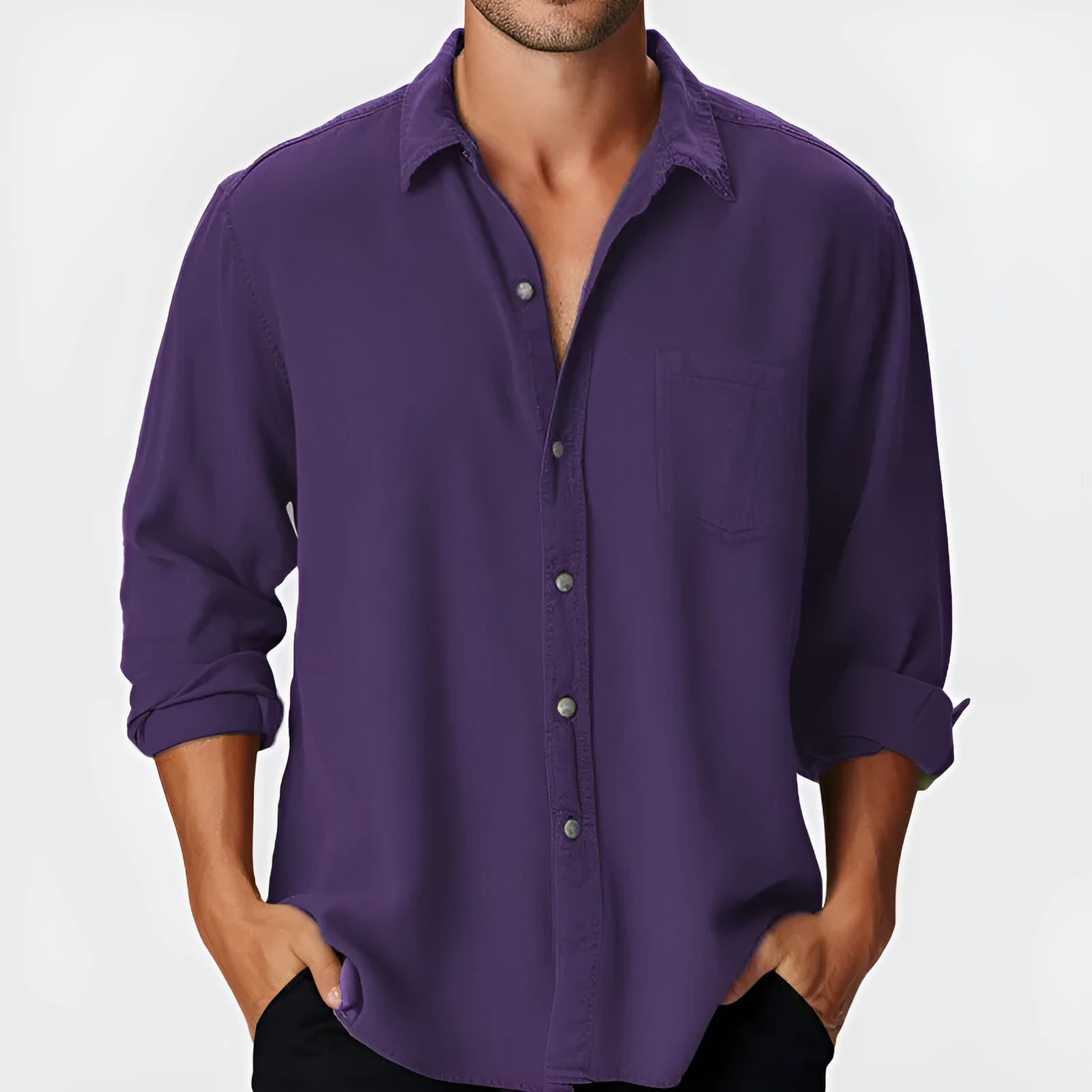 Men's loose-fit polyester shirt with stand collar and long sleeves in various colours