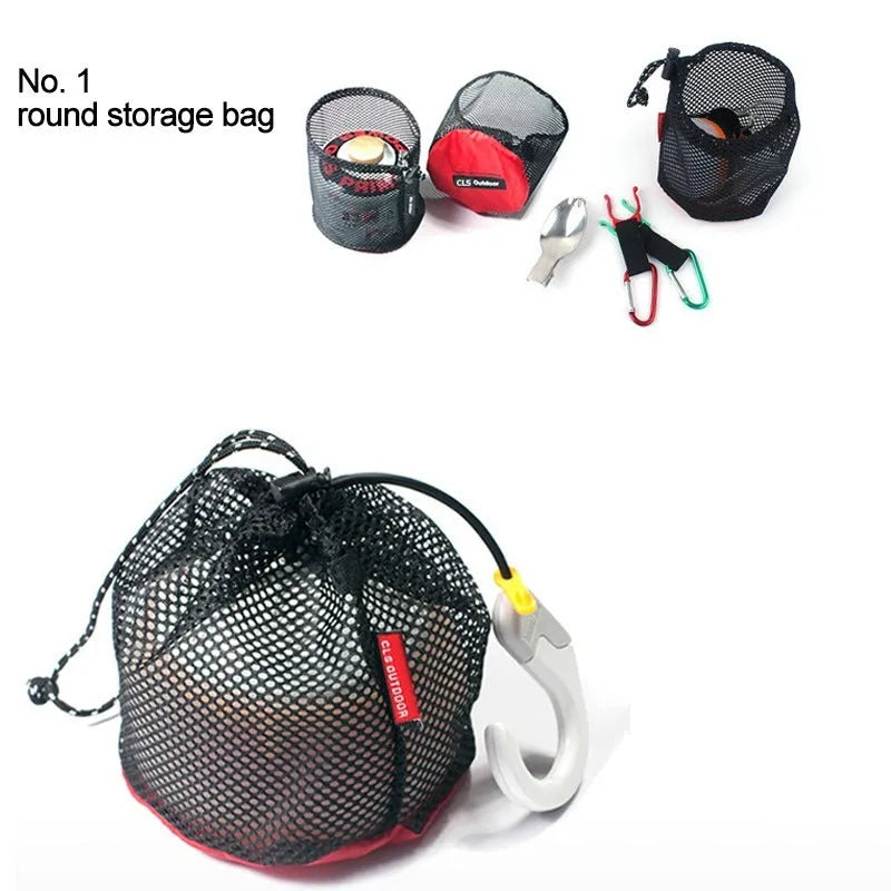 Red five-piece travel storage bag set with mesh panels and zipper closures