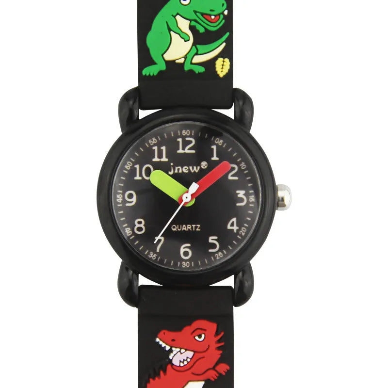 Children's waterproof quartz watch with black soft rubber strap and 3D cartoon pattern on face