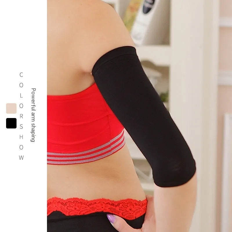 Women's shaping arm sleeves in black and skin tone colours made from nylon blend fabric