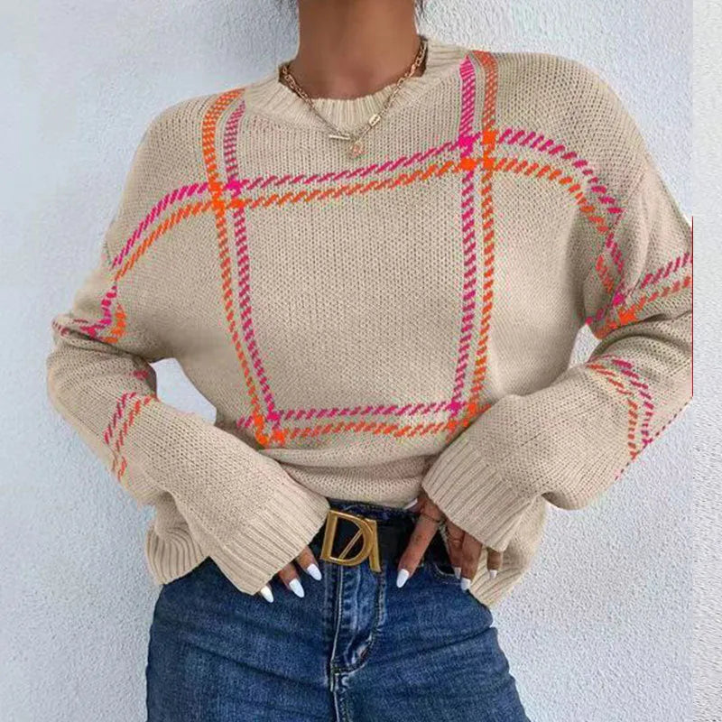 Women's plaid colour-block acrylic crew neck sweater in loose fit style