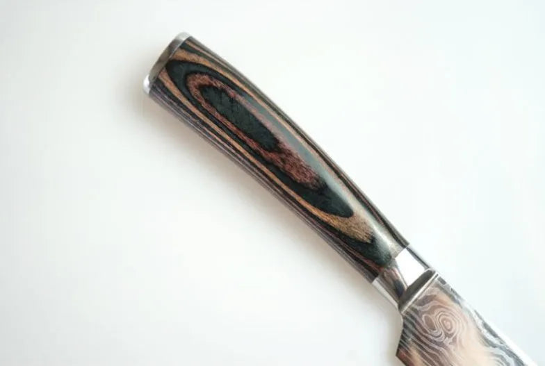 7Cr17 stainless steel chef knife with 18cm blade, laser Damascus pattern, and coloured wood handle