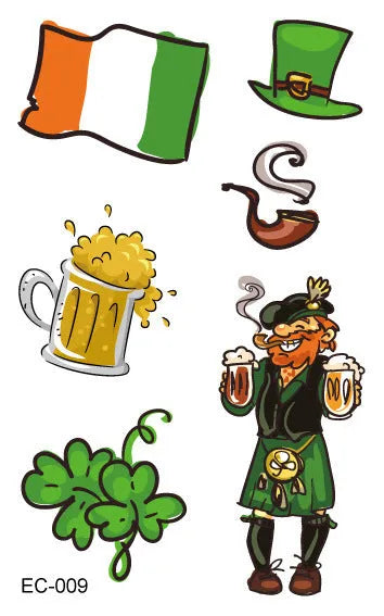 Temporary tattoo stickers with Irish festival flag designs for children, sized 120x75mm with St. Patrick's Day clover motif