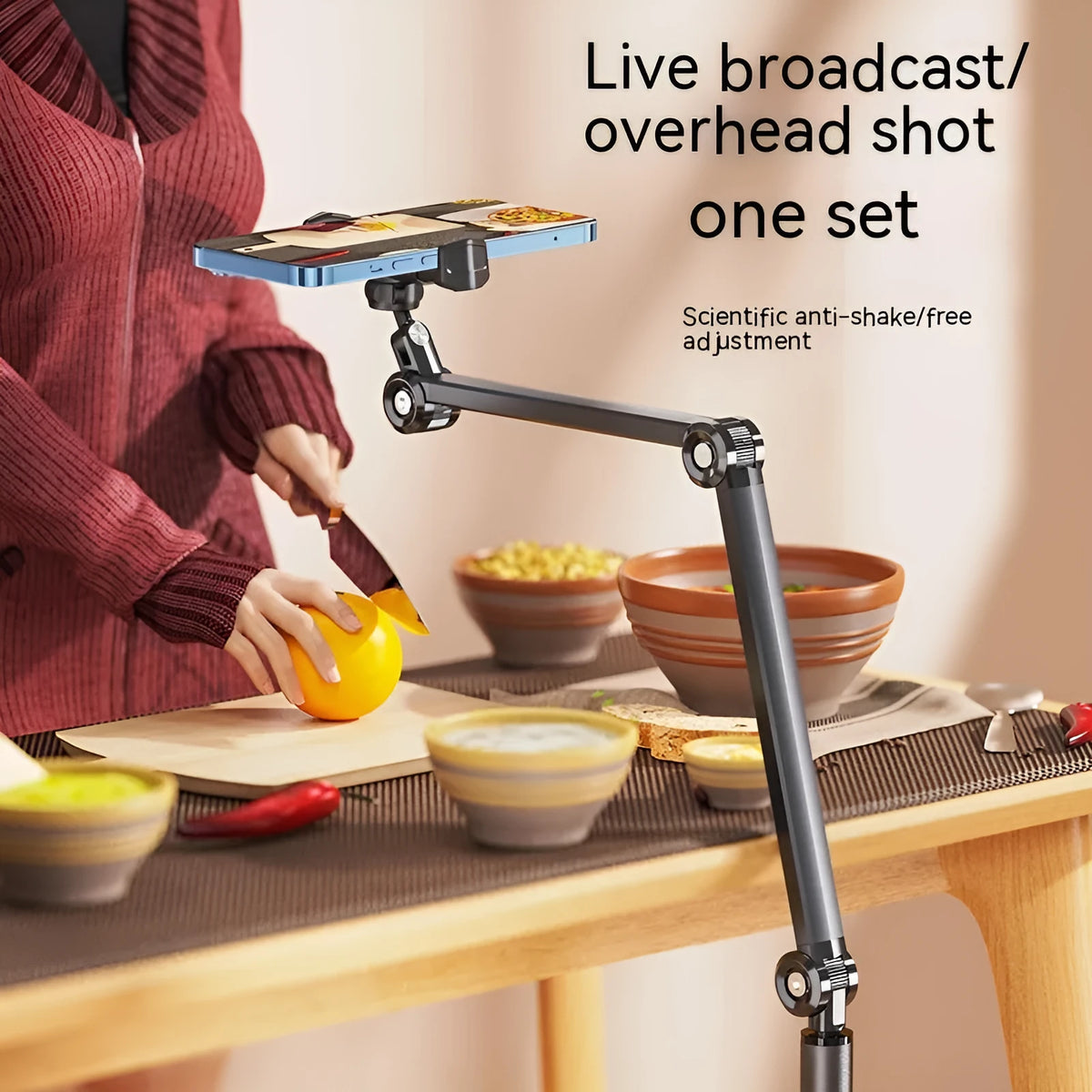 Bedside lifting floor cantilever bracket holding a tablet, with metal chassis and adjustable arm, 56x28x28 cm