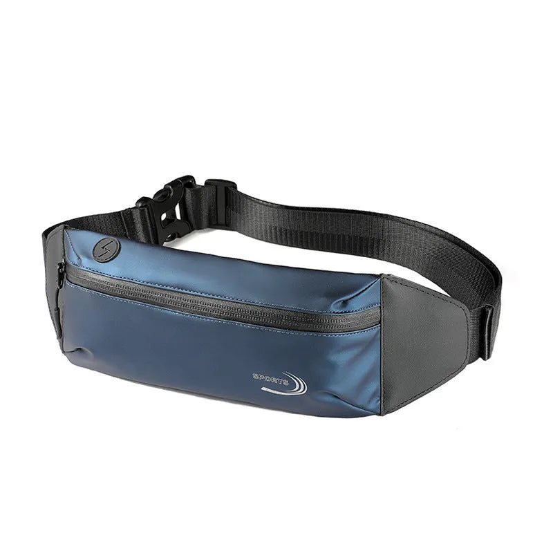 Men's waterproof waist bag in black, blue, and grey colours with 45cm by 10cm by 3cm dimensions