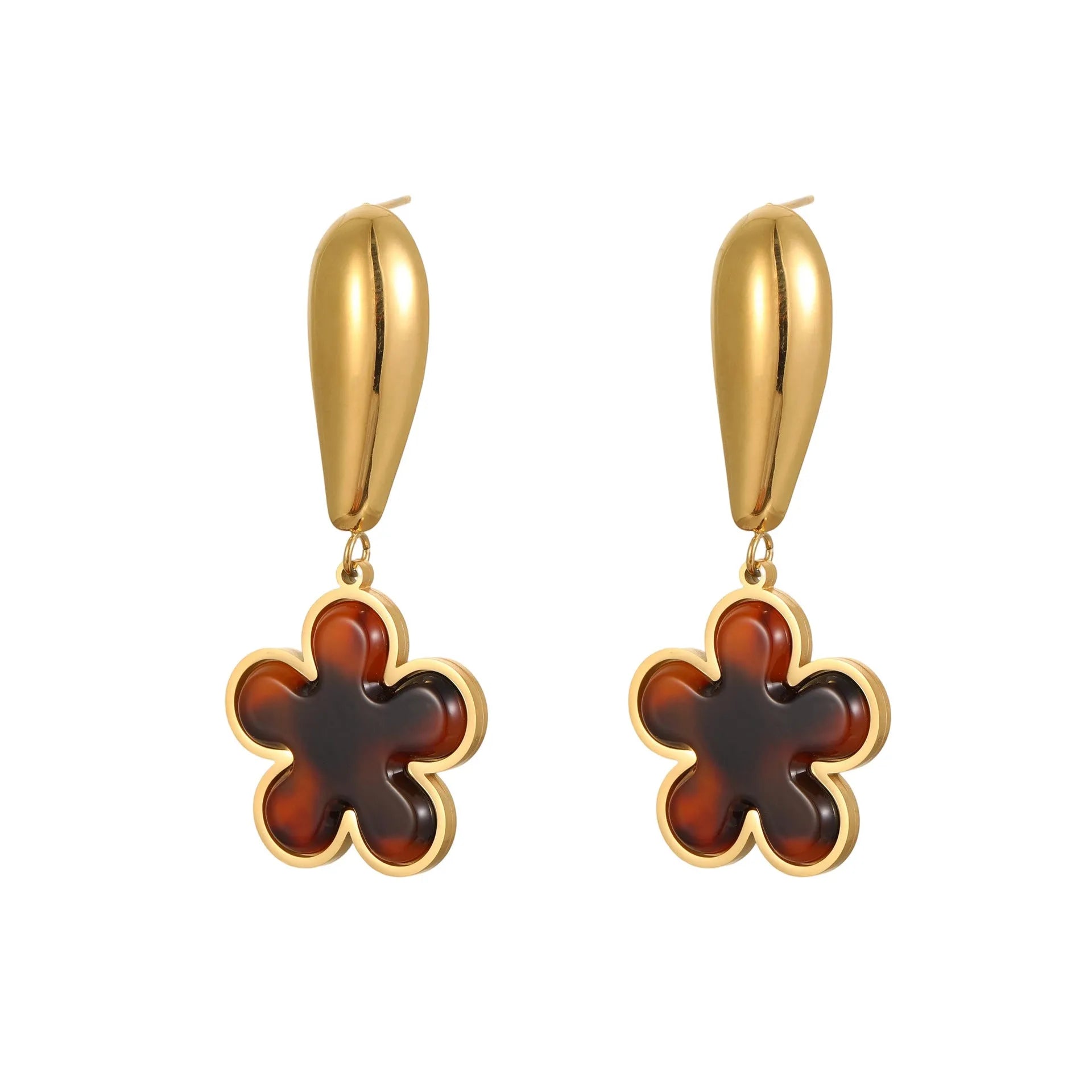 Stainless steel earrings with tortoiseshell colour and 18K gold plating in heart or flower designs
