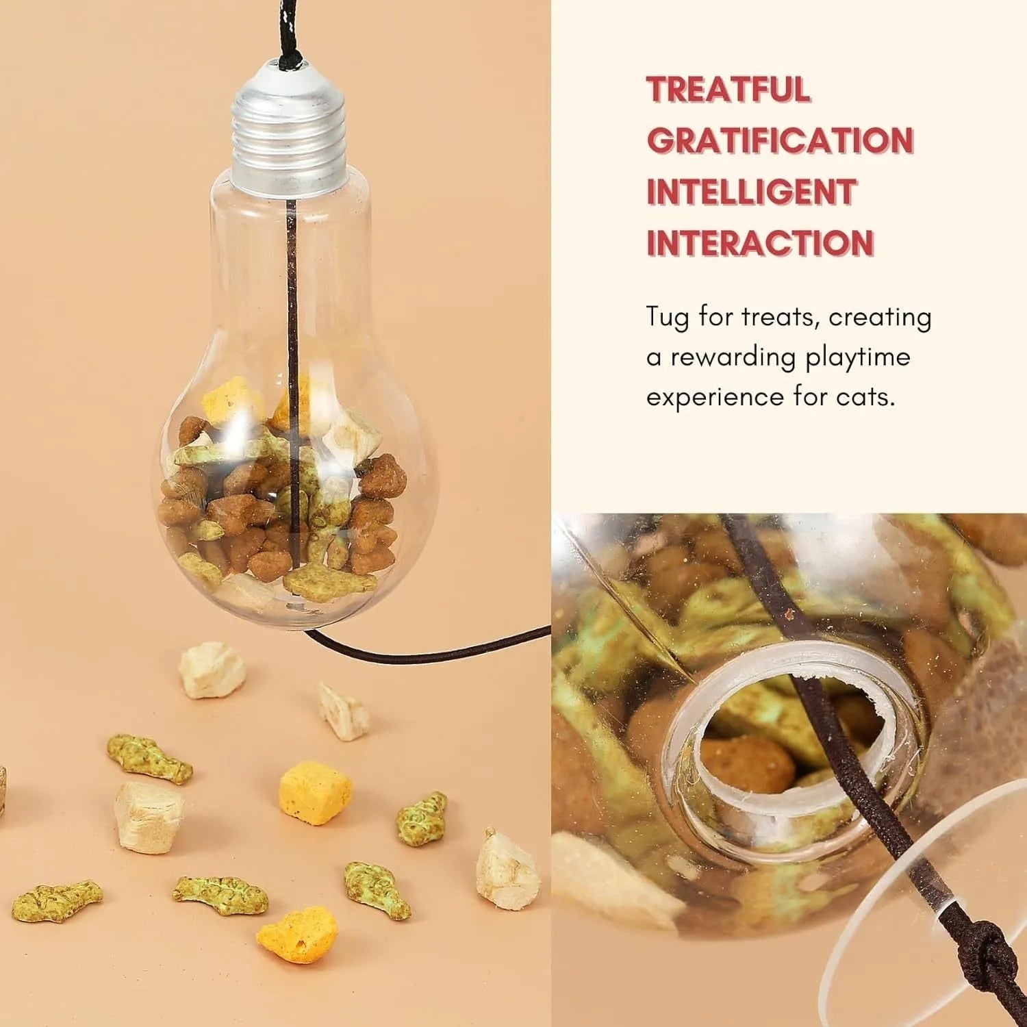 Interactive cat toy hanging on door frame with retractable rope, swinging attachments and treat reward bulb