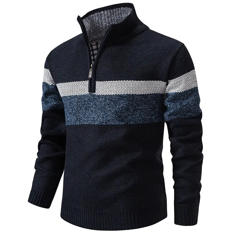 Plus size stand collar knitted sweater in purplish blue, loose thickened polyester pullover with long sleeves