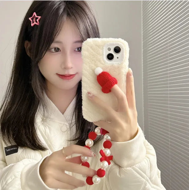 Red silicone phone case with plush Christmas hat bracelet for iPhone 14 Pro Max