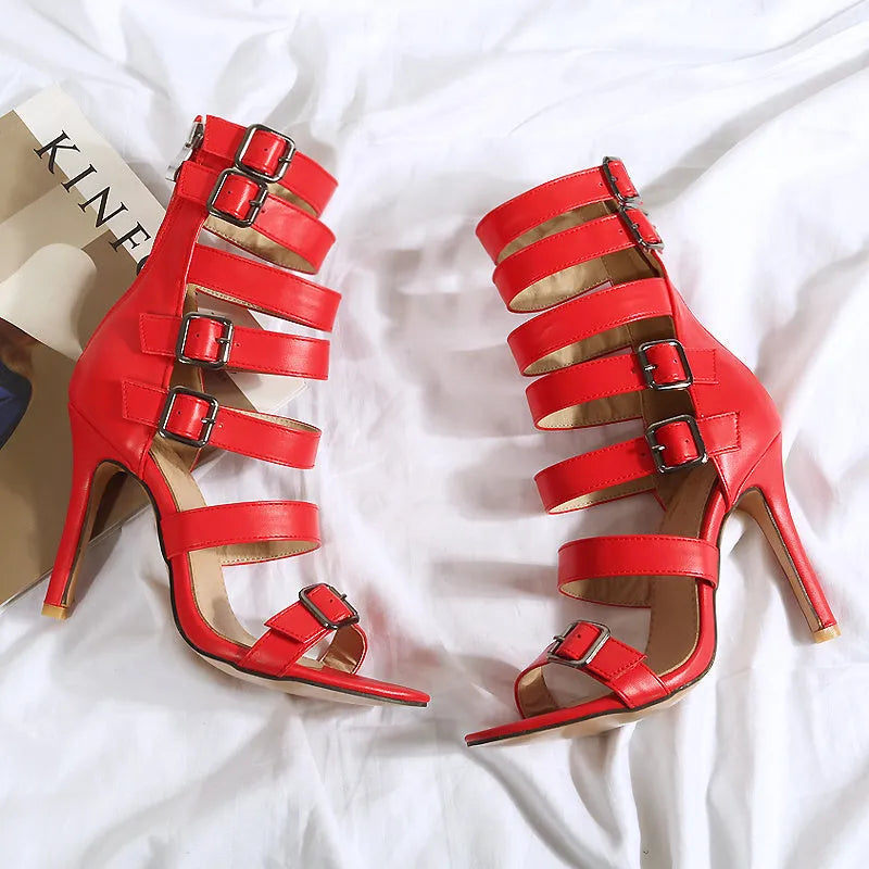 British high tube high heel sandals for women with belt buckle, Black colour