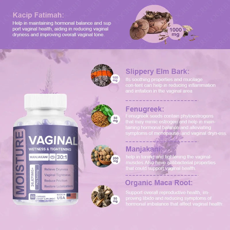 Bottle containing 60 vaginal capsules with herbal extract for adult women's intimate care
