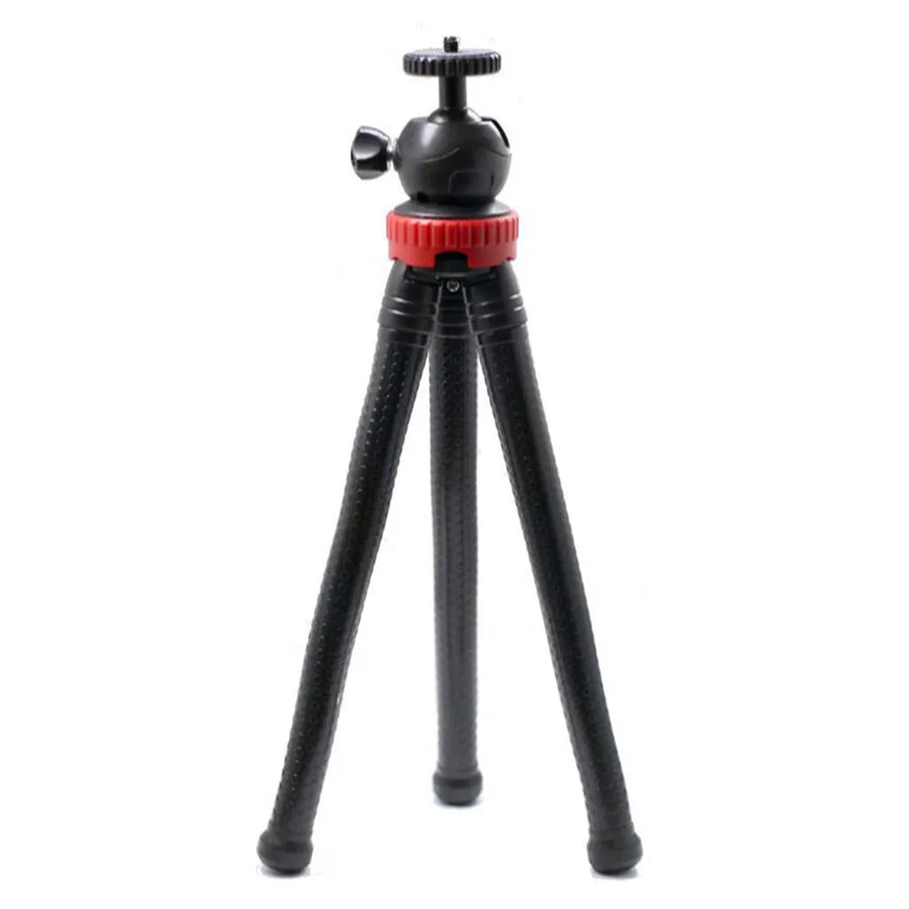 Black octopus tripod with flexible rubber legs and spherical gimbal for cameras and phones