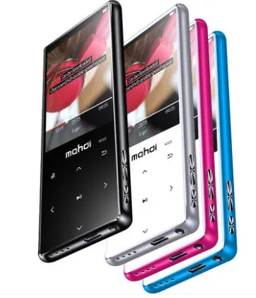 Silver portable MP3 music player with a large 2.4-inch touch screen showing a music library interface.