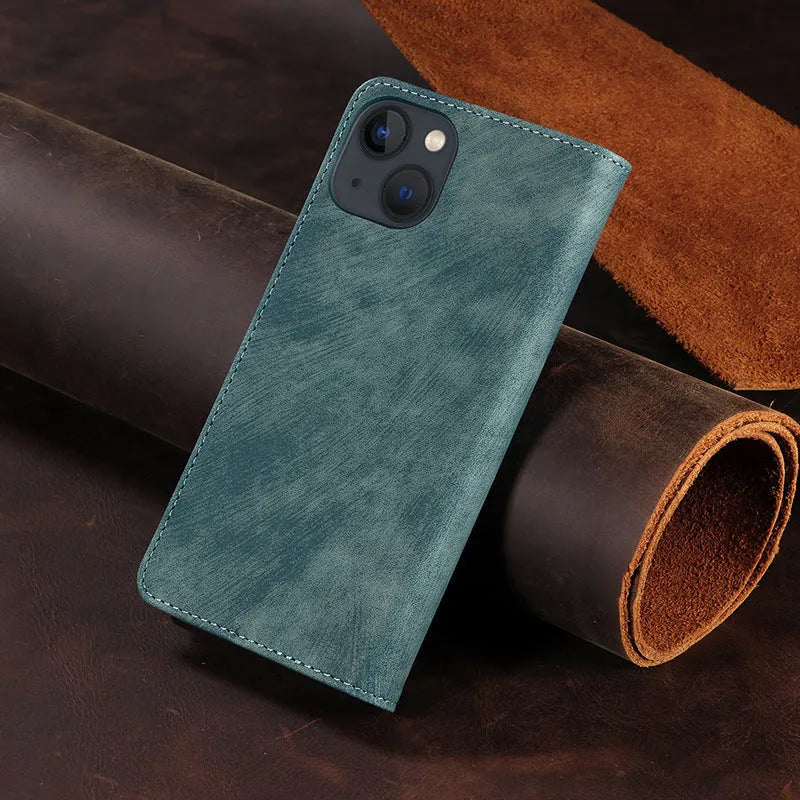 Magnetic flip phone case for iPhone in multiple colours showing front flap closed.