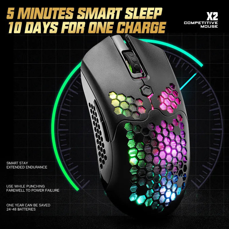 X2 wireless gaming mouse with RGB lighting in black, shown on a mouse pad.