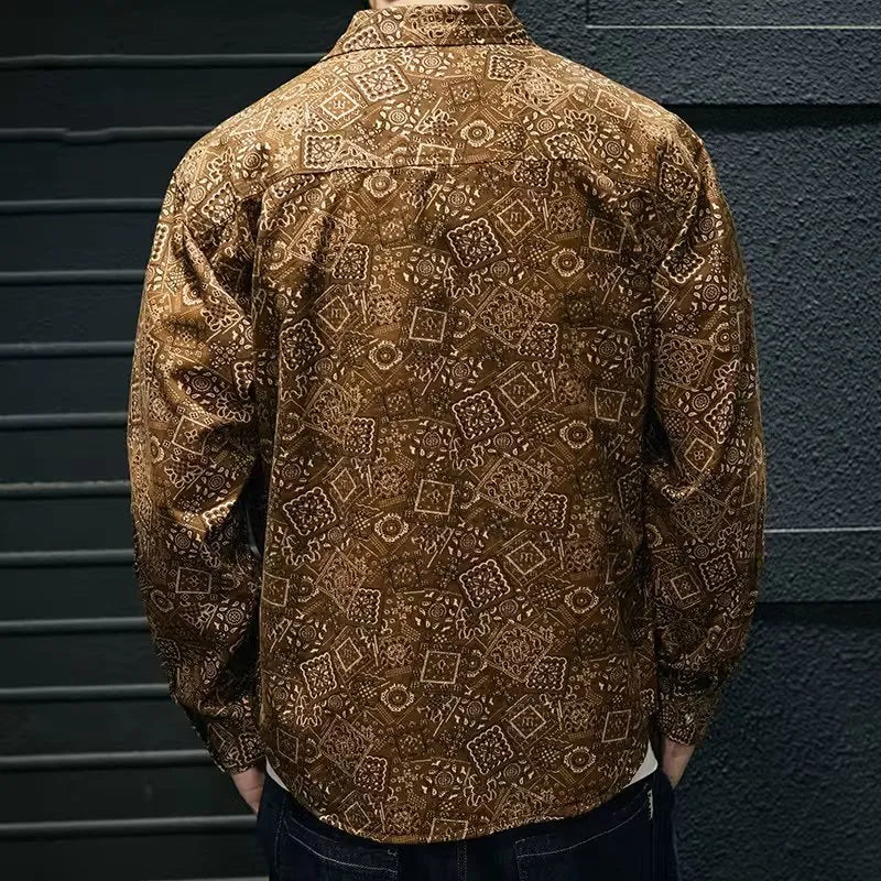 Men's long sleeve lapel casual shirt in navy blue or brown polyester with stripe or plaid pattern