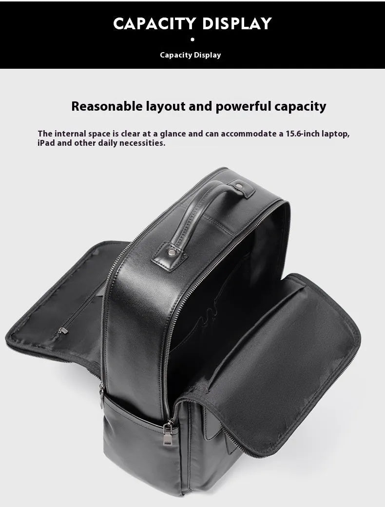Men's black genuine leather computer backpack with 36-55 litre capacity and business styling