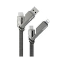 Four-in-one fast charge data cable in Tungsten Black with zinc alloy connector and braided nylon cable
