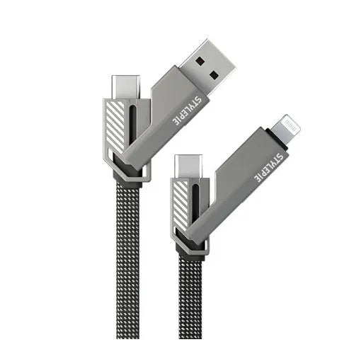 Four-in-one fast charge data cable in Tungsten Black with zinc alloy connector and braided nylon cable