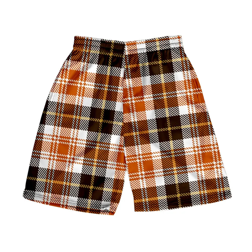 Men's plaid pattern casual shorts with elastic waistband on a plain background.
