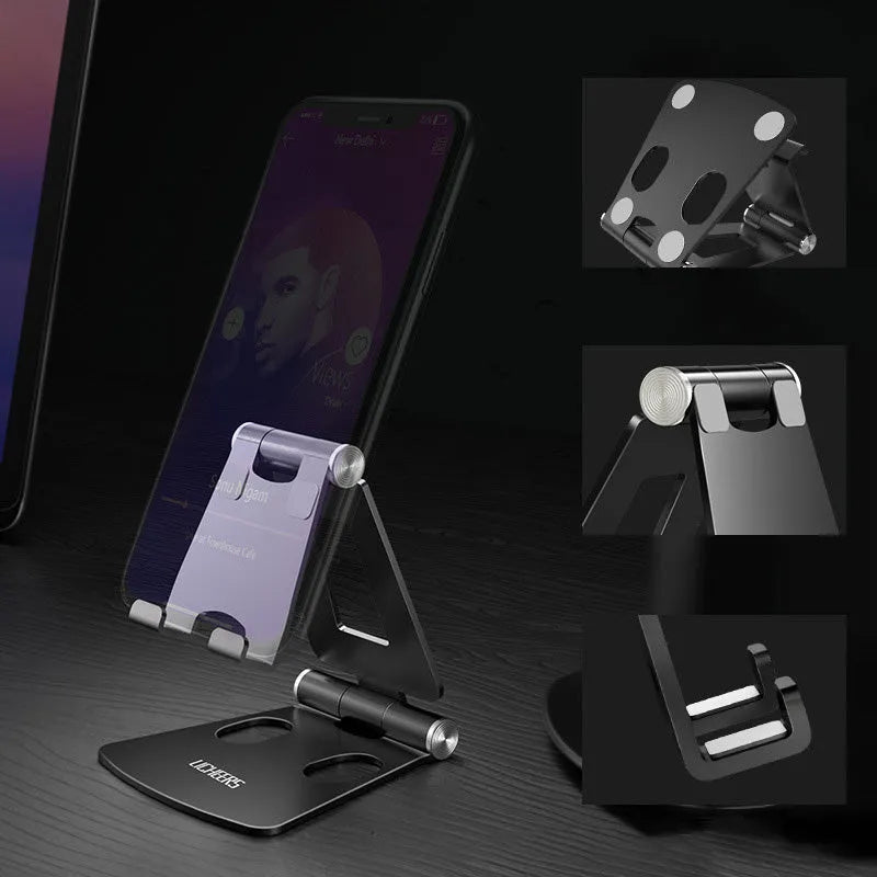 Aluminium alloy adjustable desktop stand for mobile phone and tablet, 105mm x 78mm x 14mm, 100g, dual-axis