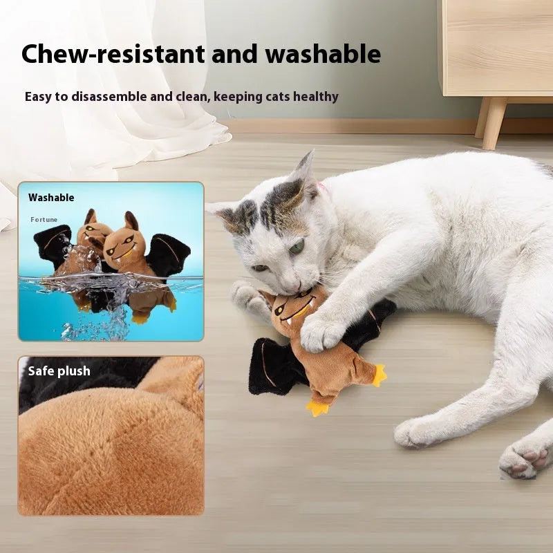 Rechargeable electric sound cat plush toy with swing wings in Halloween Bat style with catnip elastic string