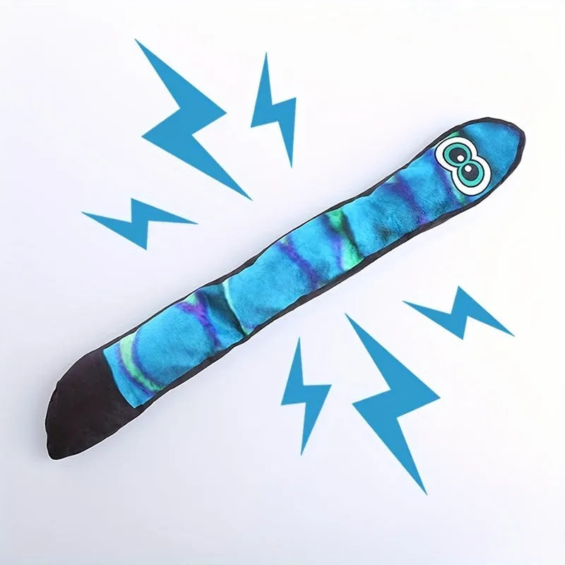Snake-shaped plush dog squeak toy with printed stripes in multiple colour options