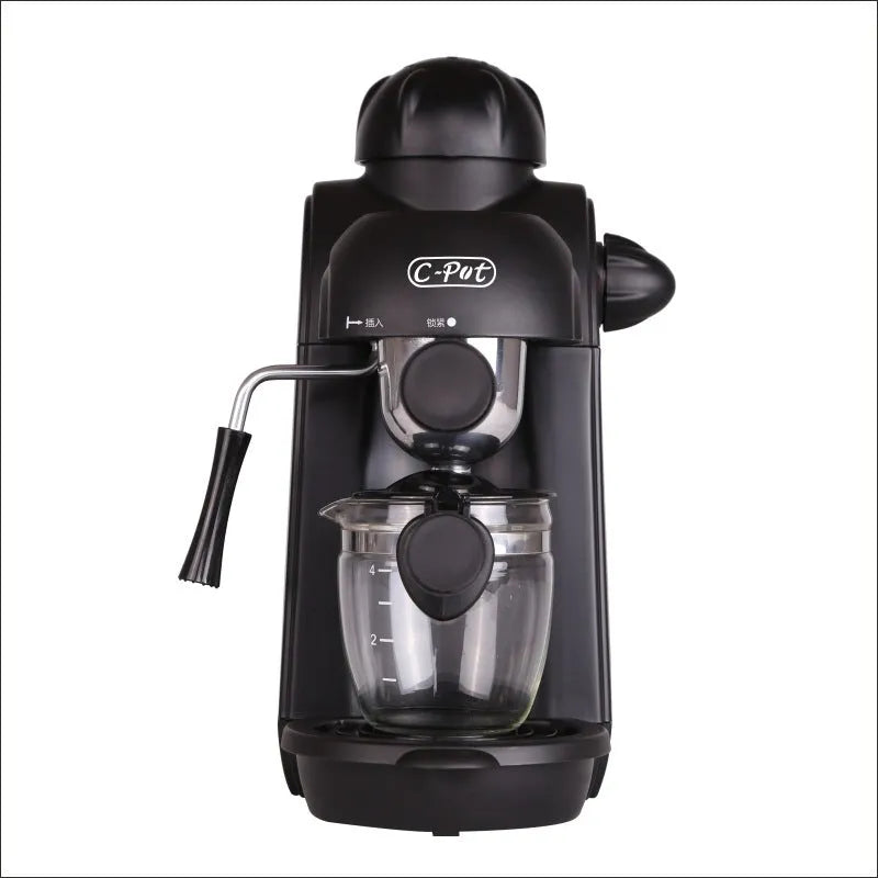 Black home mini espresso machine, semi-automatic steam type, 5 cup capacity, EU model, 220-240V, 730-800W, Italian style.